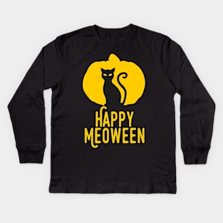 Happy Meoween – Halloween Orange Pumpkin Cat Silhouette Kids Long Sleeve T-Shirt